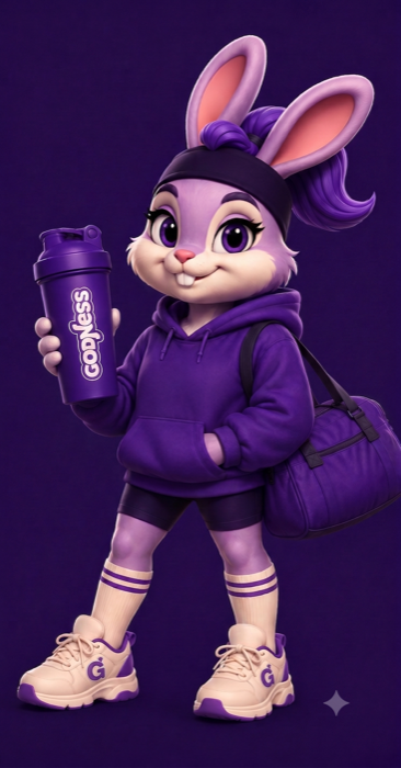 Gigi, a coelhinha roxa mascote da Godness, com shaker e bolsa de treino